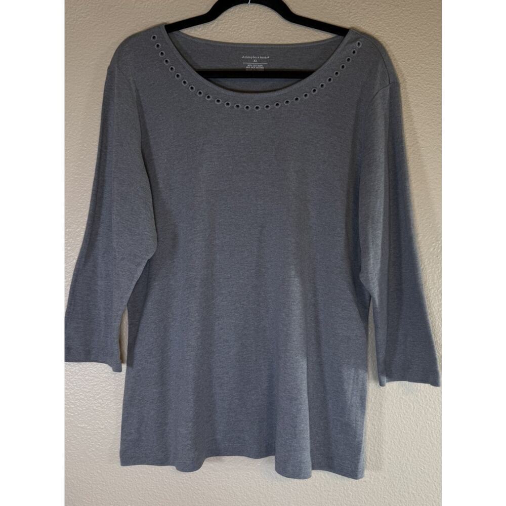 Christopher & Banks XL Gray Solid Cut-Out Neck Cotton Blend 3/4 Sleeve Top - Picture 2 of 5